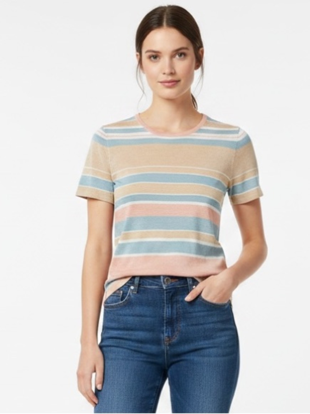 Doncaster | Vintage 100% silk pastel stripes crewneck short sleeve blouse small